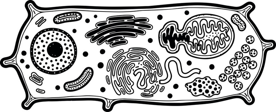 Black and white line art plant cell diagram showing nucleus mitochondria golgi apparatus and chloroplasts detailed scientific illustration