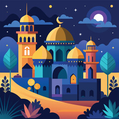 A beautiful night scene with a golden mosque under a crescent moon and stars traditional Islamic clothing standing in the foreground, colorful and vibrant illustration