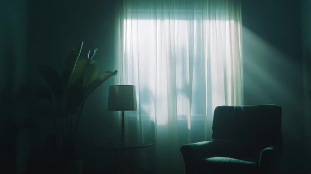 Armchair in a dim, silent room, dramatic light rays filtering through window curtains, creating a moody atmosphere of quiet solitude and introspection