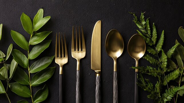A beautifully arranged set of gold cutlery and green leaves on a dark background