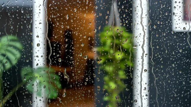 Rainy Day View Through Window with Plants.