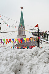 Snowdrifts on Red Square in winter in Moscow, Russia. Back focus