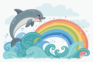 Elegant Cute Dolphin Jumping Through Rainbow Water Professional Photo