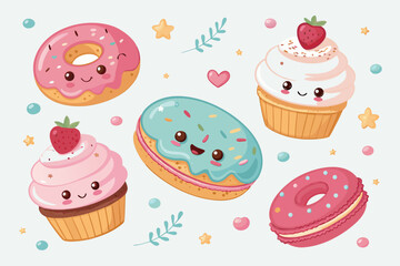 Dynamic Cute Donuts Cupcakes And Macarons Floatin High-Quality Stock Image