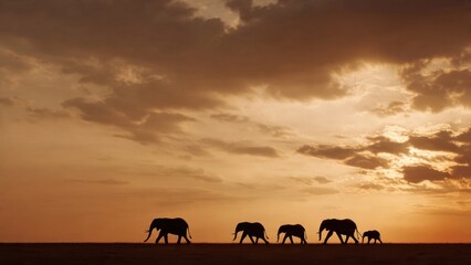 Elephant Family Silhouette at Sunset