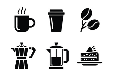 Coffee Icons Mug, Cup, Beans, Moka Pot, French Press, Cake Slice
