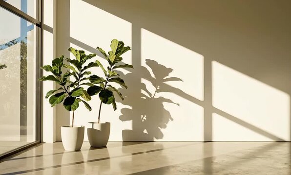 Two fiddle leaf fig plants in white pots stand elegantly by a large window, illuminated by strong afternoon sunlight casting dramatic shadows on the wall.