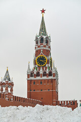Spasskaya Tower at Red Square in winter in Moscow, Russia