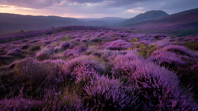 Expansive Purple Heather Valley at Sunset - Scottish Highlands Landscape
