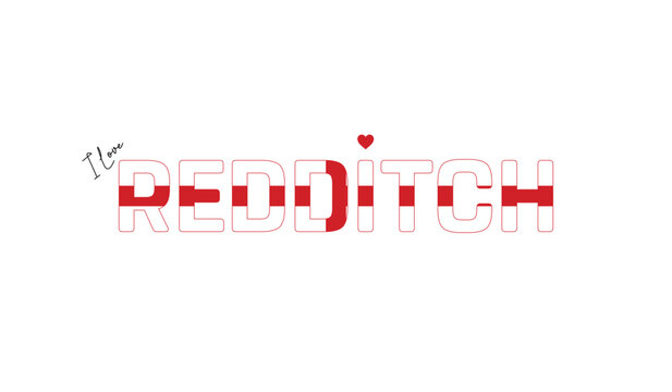 I love REDDITCH, Typographic design of I love REDDITCH on a white background, Flag typography of REDDITCH with heart, Vector design of REDDITCH City of England, I love England, Flag of England