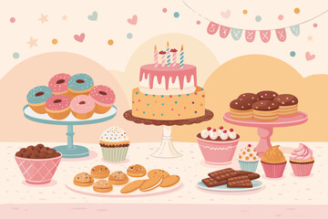 Depicting Dessert Table Filled With Cakes Donuts Dynamic Premium Digital Asset