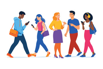 Fototapeta premium Diverse group of people walking and looking at phones