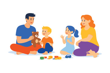 Family playing with toys, parents and children