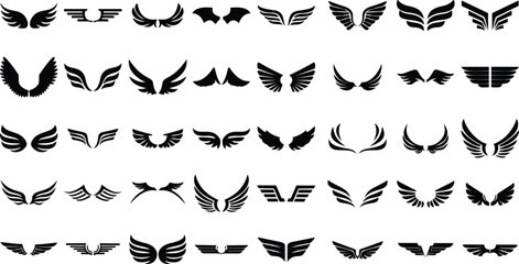 Angel wings icon set in flat style, bird wing symbol collection and group, black monochrome vector illustration isolated on transparent background for logo design © Muhammad