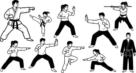 Fototapeta premium Black and white vector art of diverse martial artists practicing karate punches kicks and stances in dynamic action poses isolated on white background