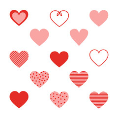Collection of assorted heart shapes in various pink and red hues, featuring different patterns like stripes and polka dots, perfect for romantic themes or graphic design elements