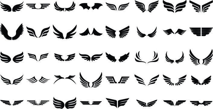 Angel wings icon set in flat style, bird wing symbol collection and group, black monochrome vector illustration isolated on transparent background for logo design