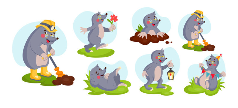 Funny mole in glasses. Mascot for children. Cute animal character in hole. Blind wildlife pet. Fun friendly fauna in different poses. Happy baby illustration, cartoon stickers design. Vector tidy set