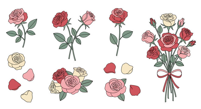 Charming vector set of romantic roses individual blooms, small bunches, scattered petals, and a beautiful tied bouquet in red, pink, and yellow, perfect for elegant floral designs