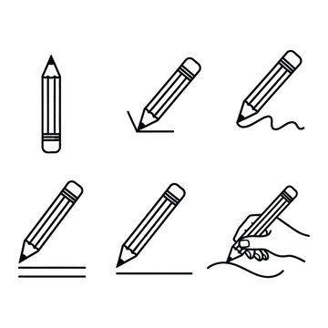 Black & White Pencil Writing Icons: Drawing, Sketching, Line Art for Digital & Print