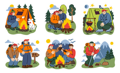Fototapeta premium Campfire people. Hiking tourism. Outdoor camping activities, tent in forest, characters with backpacks, campfire cooking, trekking adventure and companionship. Vector cartoon flat style illustration