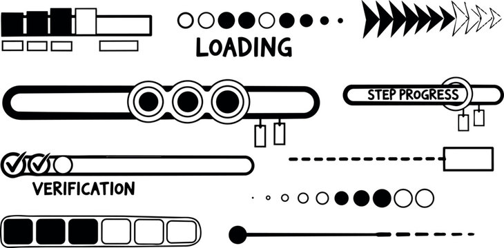 Black and white vector progress bars loading verification step progress indicators set horizontal layout minimalist design