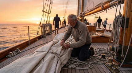 Elderly man folding sail on yacht deck during sunset at sea  