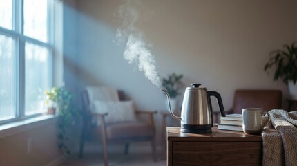 Electric kettle steaming on wooden table in cozy living room  