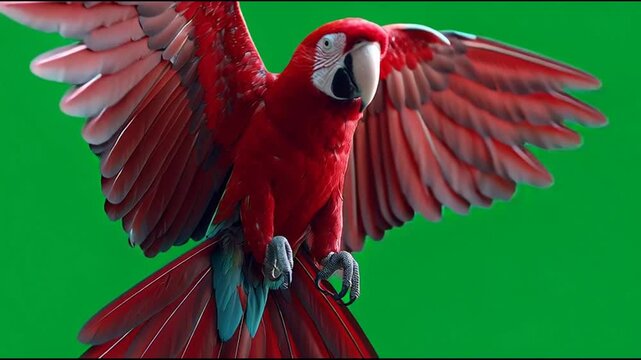 Red macaw parrot flying with wings spread over green screen