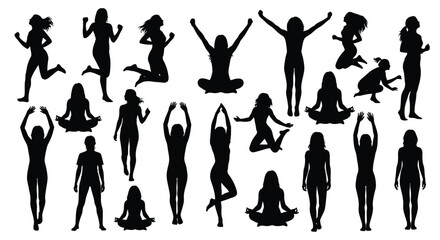 Fototapeta premium Group of people doing yoga and fitness exercises silhouette