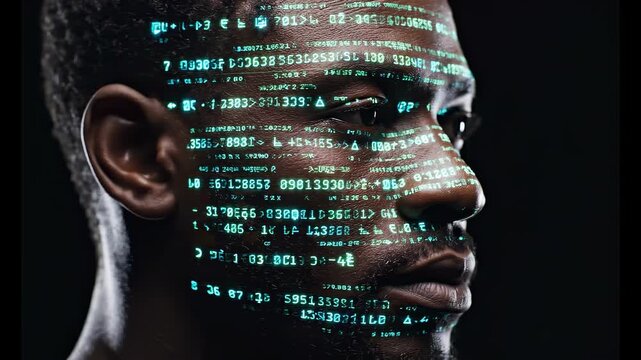 Face close-up with projected digital code, highlighting technology and human interaction with digital environments. Useful for themes of data security, artificial intelligence,