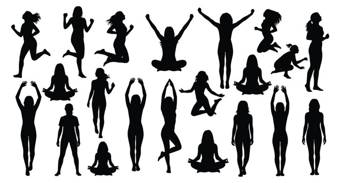 Group of people doing yoga and fitness exercises silhouette