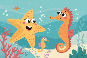 Crisp Smiling Sea Creatures Like Starfish And Sea High-Quality Stock Image