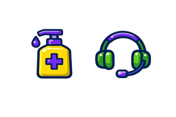 Fototapeta premium Colorful icons of a hand sanitizer dispenser and a modern gaming headset with microphone