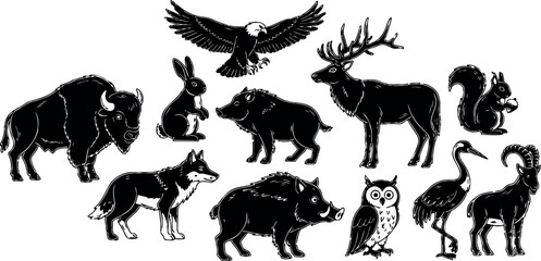 Naklejka premium Detailed black and white vector art of wild animals including buffalo, eagle flying, rabbit standing, boars, deer, wolf, owl, squirrel holding nut, heron, and mountain goat illustrations