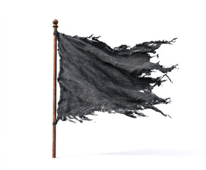 Waving Tattered Black Flag on Rusty Pole Isolated on White Background