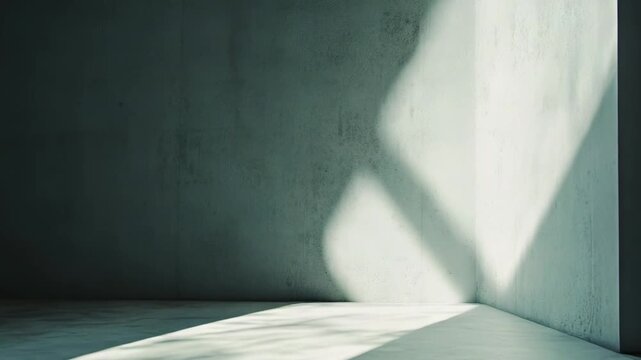 Empty concrete space featuring rough cement walls and floor with sharp, contrasting sunbeams and abstract shadows creating a modern minimalist background or architectural element