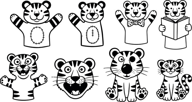 Black and white cartoon tiger puppets and tiger faces with varied expressions and a reading tiger cub sitting in front