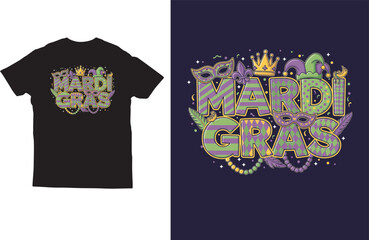 Mardi Gras T Shirt Design with Colorful Mask Beads and Crown Illustration