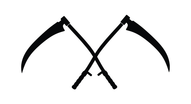 Two crossed scythes forming an x shape stark black silhouette