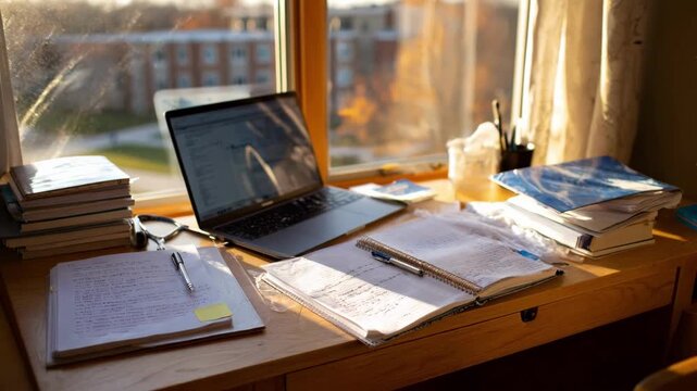 Morning light softly illuminates a student desk setup with neatly arranged notes laptop and books creating an inviting workspace full of natural brightness.