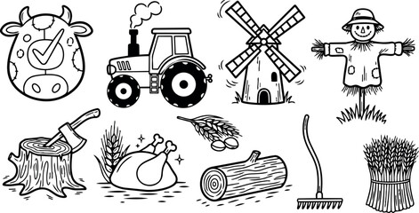 Fototapeta premium Black and white line art farm icons set with cow face, tractor, windmill, scarecrow, tree stump, roast chicken and farm tools collection