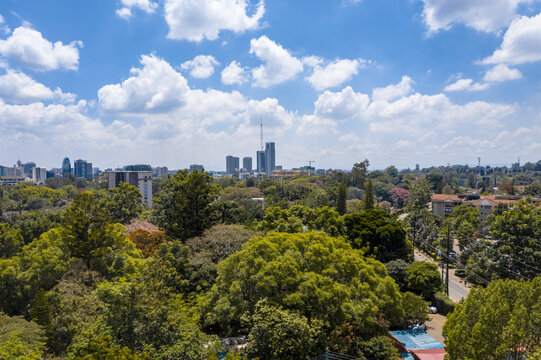Aerial view of Nairobi's skyline peeks over a lush canopy of green trees under a bright sky, creating a vibrant contrast of urban and natural elements, Nairobi, Kileleshwa, Kenya.