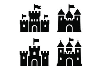 Fototapeta premium Medieval fortress silhouettes featuring various architectural styles and flags