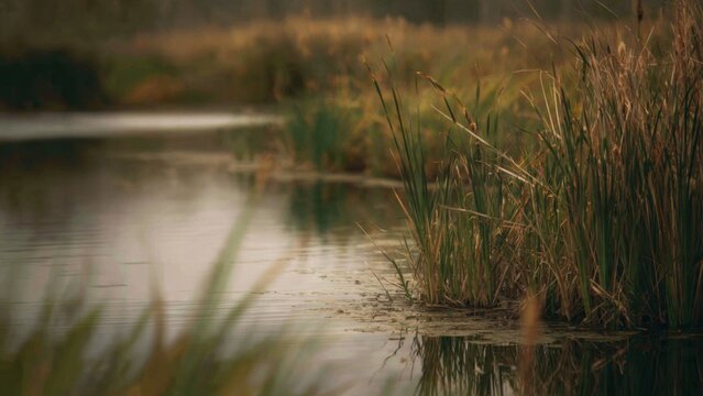 Quiet lake with reeds and reflections