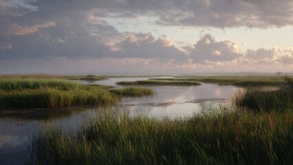 Fototapeta premium Serene Marshland Under Cloudy Sky