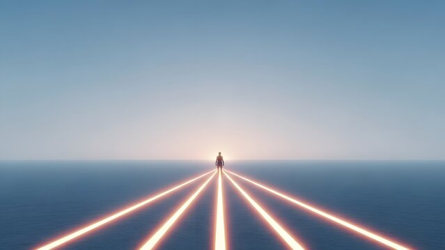 Bright light path leading to a silhouette on the horizon. Future vision and guidance concept. Person standing at the end of glowing lines in a blue landscape