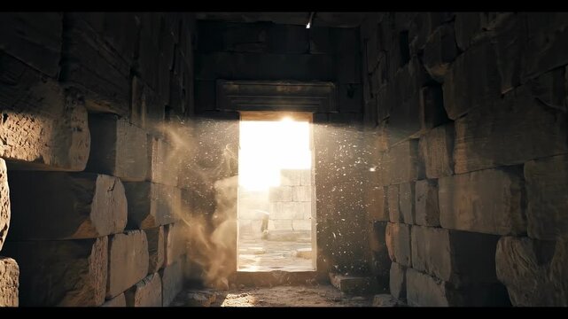 Empty tomb with light, concept of Easter and renewal. The image showcases a stone doorway illuminated by sunlight, highlighting the contrast between light and dark within the tomb.
