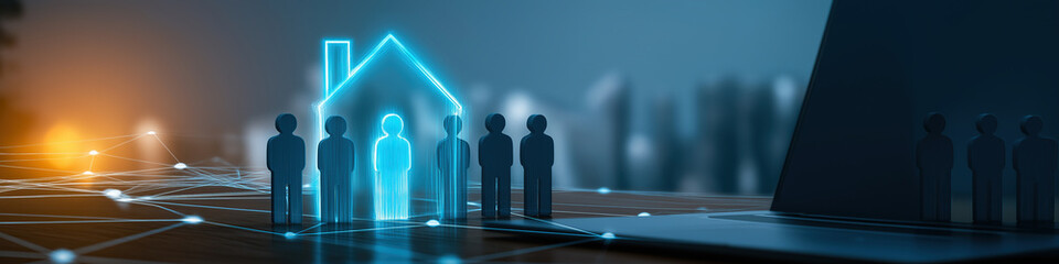 A digital representation of a real estate network with human icons and a house.