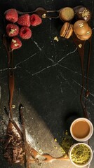 Gourmet dessert ingredients arranged artistically on dark marble with chocolate and gold leaf accents